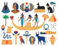 Egyptian elements. Ancient gods, pyramids and sacred animals. Egypt mythology symbols vector illustration set Royalty Free Stock Photo