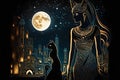 Egyptian fantasy abstract background, Egyptian goddess Bastet, black cat. Neural network generated art