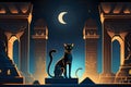 Egyptian fantasy abstract background, Egyptian goddess Bastet, black cat. Neural network generated art