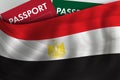 Egyptian flag background and passport of Egypt. Citizenship, official legal immigration, visa, business and travel concept