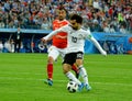 Egyptian football star Mohamed Salah against Russia national team midfielder Alexander Samedov
