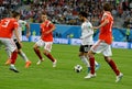 Egyptian football star Mohamed Salah against Russian players Ilya Kutepov, Mario Fernandes and Denis Cheryshev Royalty Free Stock Photo