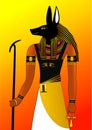 Egyptian god Anubis in splendid robe with ankh-cross and was-scepter.