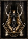 Egyptian God - Jackal close-up against the background of a stone slab with cracks and hieroglyphs. Anubis - Guardian of the scales