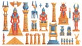 Egyptian god and pharaoh statues, throne, vase and column for palace, temple or tomb. Pyramid interior objects Royalty Free Stock Photo