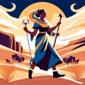 Egyptian god with spear in desert, flat vector illustration. Egyptian mythology. AI generated