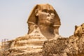 Egyptian Great Sphinx full body portrait head,with pyramids of Giza background Egypt empty with nobody. copy space Royalty Free Stock Photo