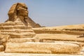 Egyptian Great Sphinx full body portrait head,with pyramids of Giza background Egypt empty with nobody. copy space Royalty Free Stock Photo