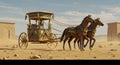 Egyptian Horses Pulling Chariot in Desert Landscape with Ancient Architecture Royalty Free Stock Photo