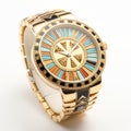 Egyptian Inspired Gold Watch With Colorful Diamonds Royalty Free Stock Photo