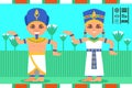 Egyptian man and woman in dancing action. Pharaoh and queen of Egypt in traditional clothes. Lotus flowers on background Royalty Free Stock Photo