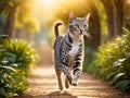 The ancient and mysterious Egyptian Mau is playing in the park under the sunlight Royalty Free Stock Photo