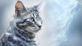 The Egyptian Mau cat glows in a stunning blend of light blue and white smoke, showcasing its grace