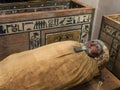 Egyptian mummy laying close to the sarcophagi