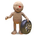 Egyptian mummy monster sells car tyres and wheels during the week, 3d illustration