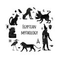 Egyptian mythological animals. Ancient gods and creatures. Lion, Cerberus, Egyptian writing and symbols. A set of flat vector