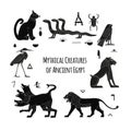 Egyptian mythological animals. Ancient gods and creatures. Lion, Cerberus, Egyptian writing and symbols. A set of flat elements