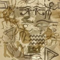 Egyptian old style dirty seamless pattern. African ethnic rough background with doodle painted peoples, scraped grunge symbols,