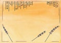 Egyptian papyrus depicting hieroglyphs and falcon feathers, watercolor drawing.