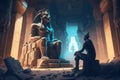 An Egyptian pharaoh looks at a statue of a god in a tomb