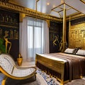 An Egyptian pharaohs bedroom with hieroglyph-adorned walls, a golden canopy bed, and luxurious drapes1, Generative AI