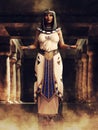 Egyptian priestess standing in front of a temple