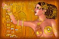 Egyptian princess adorned in gold jewelry and gems. Digital art fantasy scene.