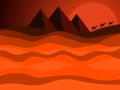 Egyptian pyramids of ancient Egypt. Desert landscape with a caravan of camels in the background of the sun. Vector