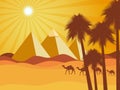 Egyptian pyramids in the desert. Camels in the desert. Vector background.
