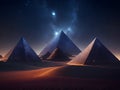 Egyptian pyramids in the desert at night. 3d rendering