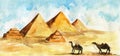 Egyptian pyramids in desert, two camels walking. Watercolor sketch.
