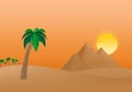 The Egyptian Pyramids of Giza at sunrise in the dune sand with orange sun in the background of palm trees with brown trunk with gr Royalty Free Stock Photo