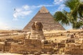 Egyptian pyramids: the Great Sphinx and the Pyramid of Khafre Royalty Free Stock Photo