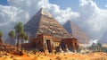 Egyptian pyramids in Sahara desert, historical reconstruction illustration.