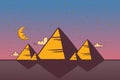 Egyptian pyramids, vector illustration. Night landscape with moon and star, silhouette of great pyramid of Giza in Royalty Free Stock Photo