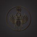 Egyptian sacred scarab stag beetle horns with wings. Black logo, gold silhouette. Vector insect isolated on a black background