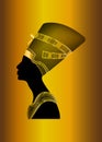 Egyptian silhouette icon. Queen Nefertiti. Vector portrait Profile with gold jewels and precious stones