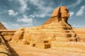 Egyptian sphinx. Cairo. Giza. Egypt. Travel background. Architectural monument. The tombs of the pharaohs