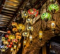 Egyptian Spice Market and Side Street Markets With Turkish Lanterns in Istanbul, Turkey.