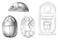 Egyptian stamps depicting sacred beetles, vintage engraving