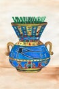 Egyptian style crockery container with handles, isolated vase or vessel. Earthenware craft, retro cup. Ancient traditional ceramic Royalty Free Stock Photo