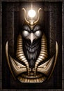 Egyptian Sun God - Ra with glowing eyes in a gold crown and armor. Ruler of an ancient civilization in the form of a bird - falcon