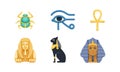 Egyptian Symbols with Eye of Horus, Scarab Beetle, Ankh, Black Cat Statue, Pharaoh and Sphinx Vector Set