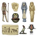 Egyptian symbols, pharaon, scorob, hieroglyphics and osiris head, god vintage, engraved hand drawn in sketch or wood cut Royalty Free Stock Photo