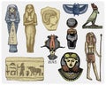 Egyptian symbols, pharaon, scorob, hieroglyphics and osiris head, god vintage, engraved hand drawn in sketch or wood cut Royalty Free Stock Photo