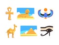 Egyptian Symbols with Sphinx, Scarab Beetle, Ankh, Pyramid, Camel and Eye of Horus Vector Set