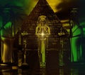 Egyptian Temple. Haunting digital art fantasy scene of Egyptian pyramid with priestess and hooded figures by her side.