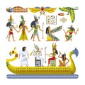 Egyptian vector pharaoh character ancient man woman god ra anubis statue on boat of Egypt culture historical