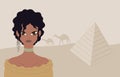 Egyptian woman in desert. Egyptian pyramid. Camel.