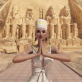 Egyptian woman in front of the temple of Abu Simbel in Egypt Royalty Free Stock Photo